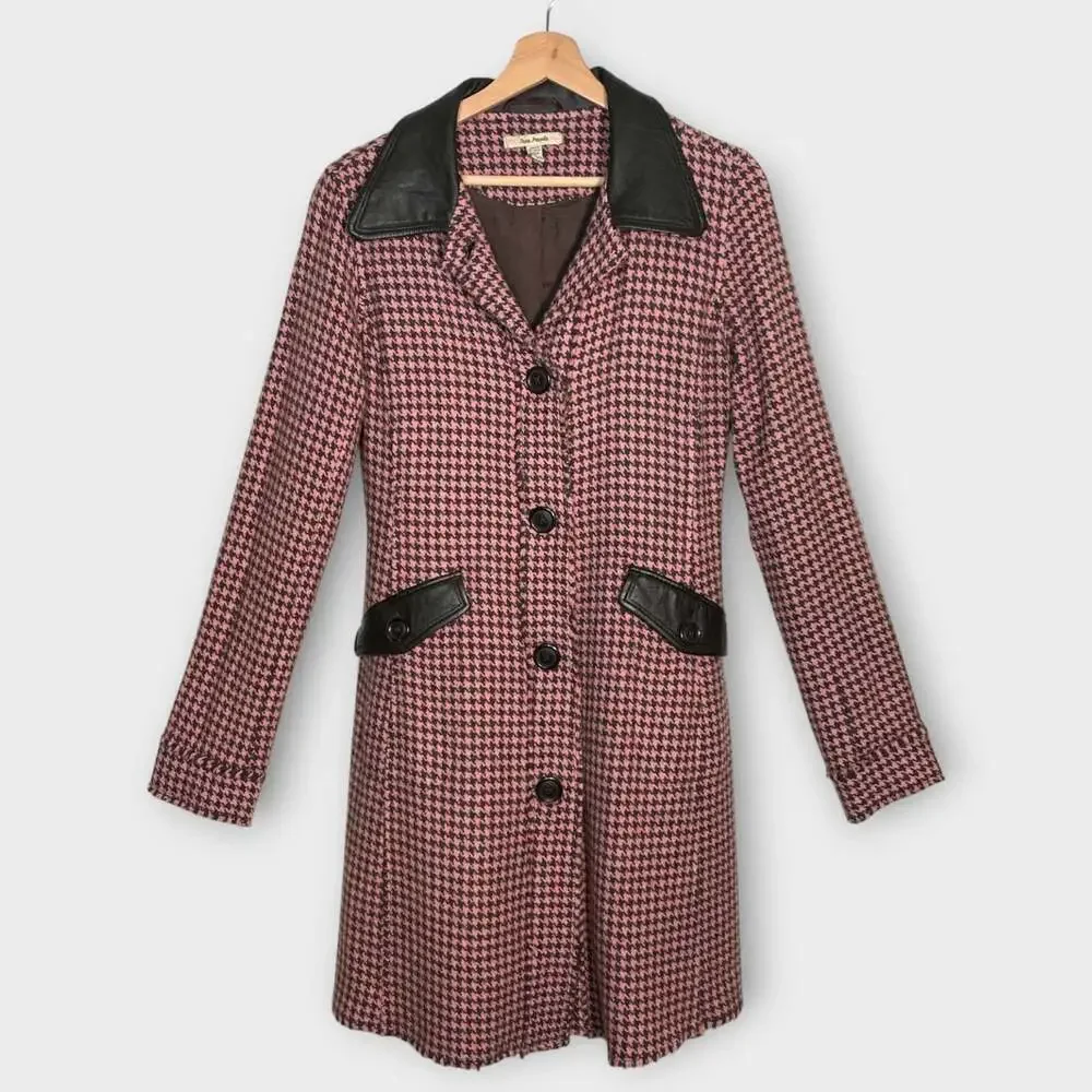 Free People Houndstooth Coat M Wool Blend Leather Trim Preppy Old Money Classic